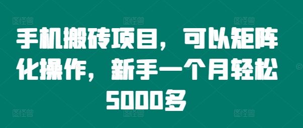 手机搬砖项目，可以矩阵化操作，新手一个月轻松5000多-众合网