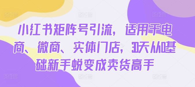 小红书矩阵号引流，适用于电商、微商、实体门店，30天从0基础新手蜕变成卖货高手-众合网